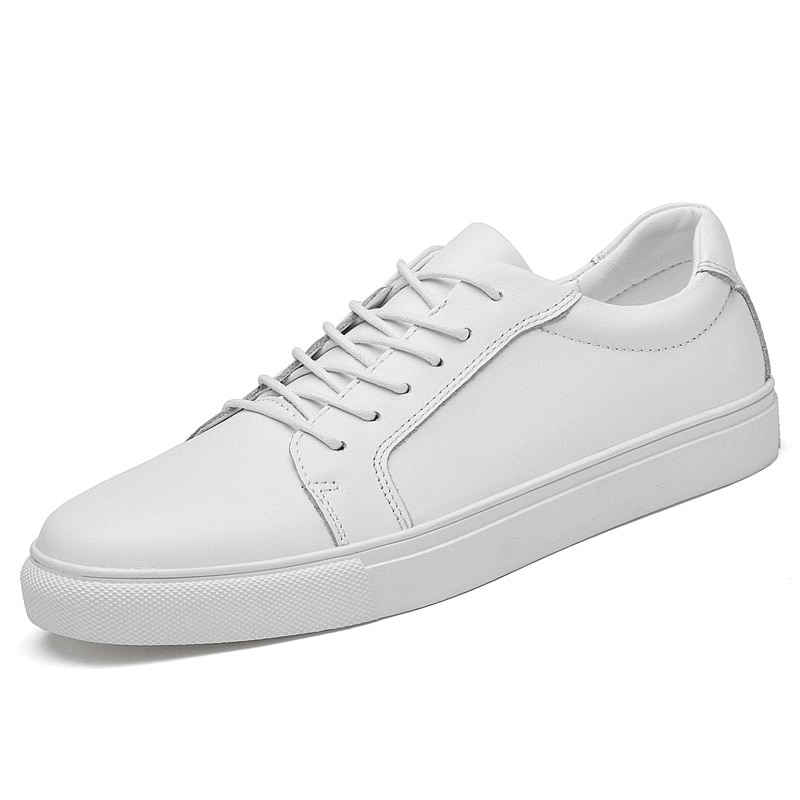 Men's white leather sneakers with flexible flat sole and massage insole. Stylish, comfortable lace-up design for modern fashion. SF1177 shoes.